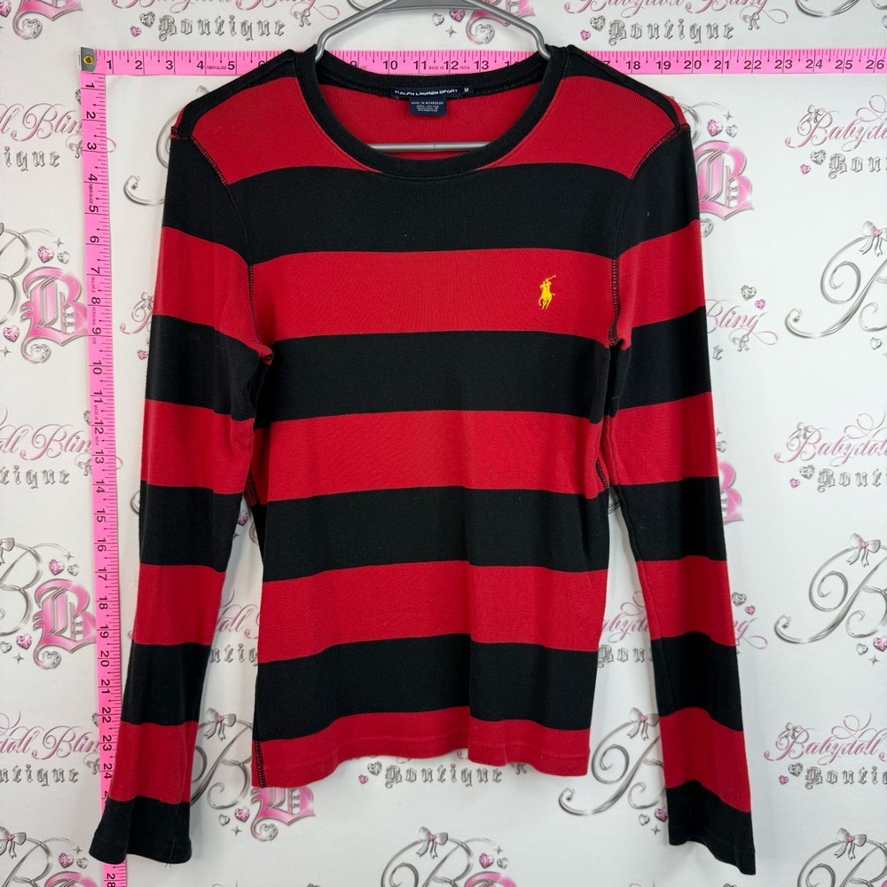 Ralph Lauren sport Red & Black Striped Long Sleeve Tee yellow embroidery